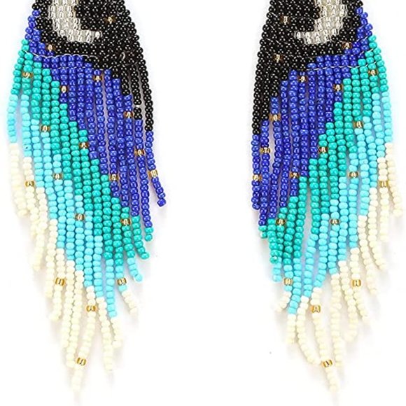 Crescent Moon Night Long 5" Earrings Handmade Beaded Oversized Blue Black - Picture 3 of 7